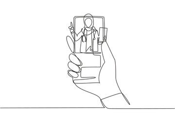 Continuous one line drawing hand holding smartphone and there is hijab female doctor coming out of smartphone screen holding clipboard. Online consultation. Single line draw design vector graphic