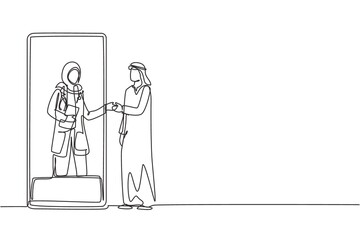 Single continuous line drawing Arabian male patient shaking hands with female doctor in smartphone holding clipboard. Online medical concept. Dynamic one line draw graphic design vector illustration