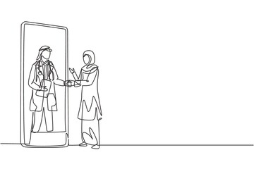 Single continuous line drawing hijab female patient shaking hands with male doctor in smartphone holding clipboard. Online medical concept. Dynamic one line draw graphic design vector illustration