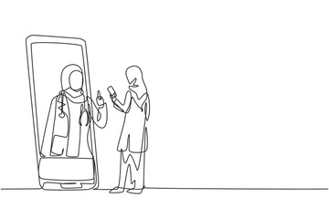 Continuous one line drawing hijab female patient holding smartphone standing facing giant smartphone and consulting female doctor. Doctor online. Single line draw design vector graphic illustration