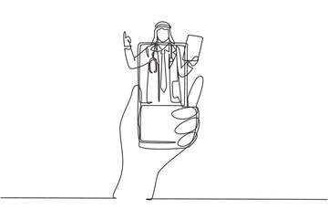 Single continuous line drawing hand holding smartphone and there is Arab male doctor coming out of smartphone screen holding clipboard. Online consultation concept. One line draw graphic design vector