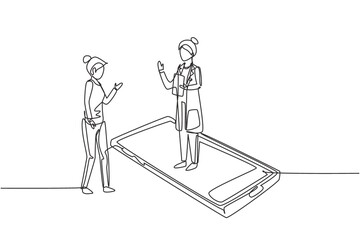 Single one line drawing female doctor standing on smartphone, in front of her standing female patient. Online medical services and consultation. Continuous line draw design graphic vector illustration