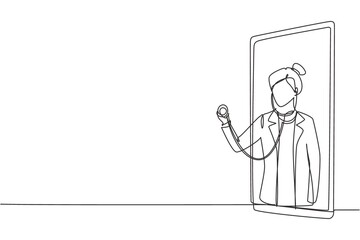 Continuous one line drawing female doctor comes out of smartphone screen holding stethoscope. Online medical services, medical consultation concept. Single line draw design vector graphic illustration