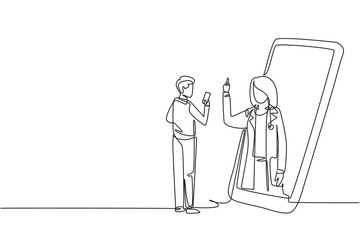 Continuous one line drawing male patient holding smartphone standing facing giant smartphone and consulting female doctor. Doctor online concept. Single line draw design vector graphic illustration