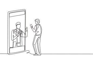Single one line drawing male patient holding smartphone standing facing giant smartphone and consulting male doctor. Doctor online. Modern continuous line draw design graphic vector illustration