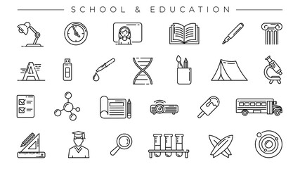 School and Education concept line style vector icons set.