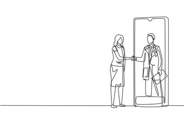 Continuous one line drawing female patient shaking hands with male doctor in smartphone holding clipboard. Online medical consultation concept. Single line draw design vector graphic illustration
