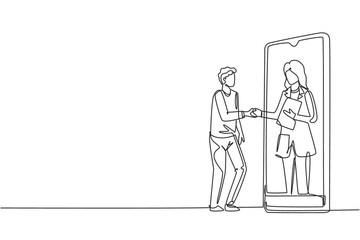 Single one line drawing male patient shaking hands with female doctor in smartphone holding clipboard. Online medical consultation concept. Continuous line draw design graphic vector illustration