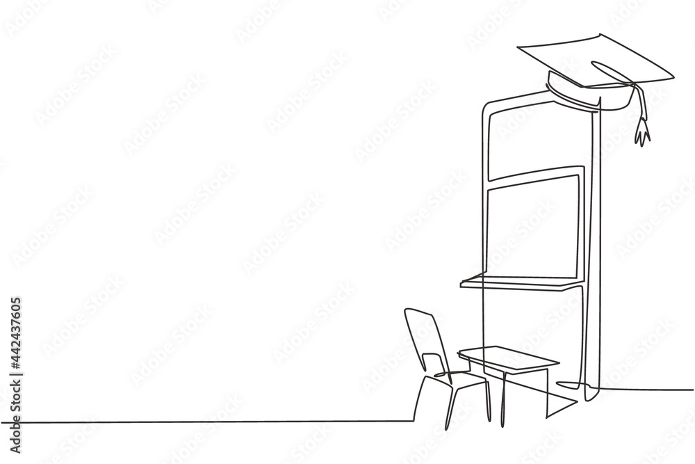 Poster single continuous line drawing empty study chairs and desks facing smartphone screen in which there 