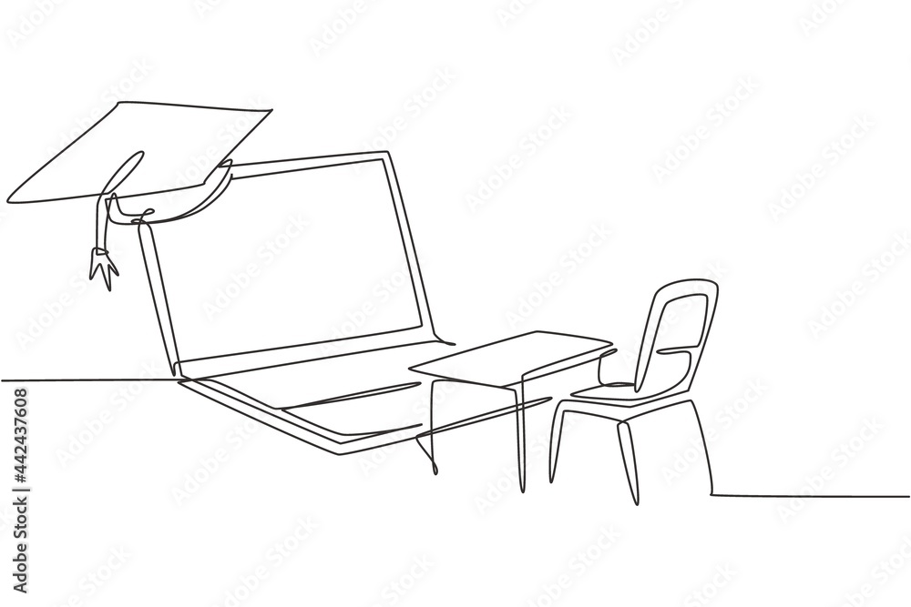 Poster single continuous line drawing empty study chairs and desks facing giant laptop screen in which ther