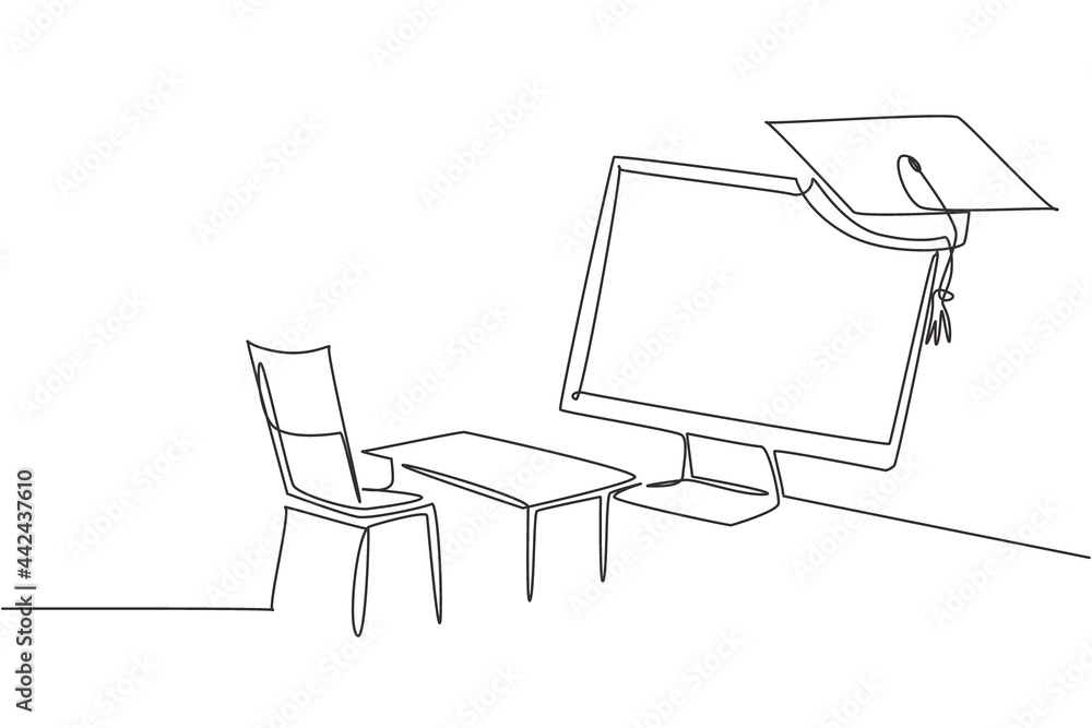 Poster single one line drawing empty study chairs and desks facing giant monitor screen in which there is b
