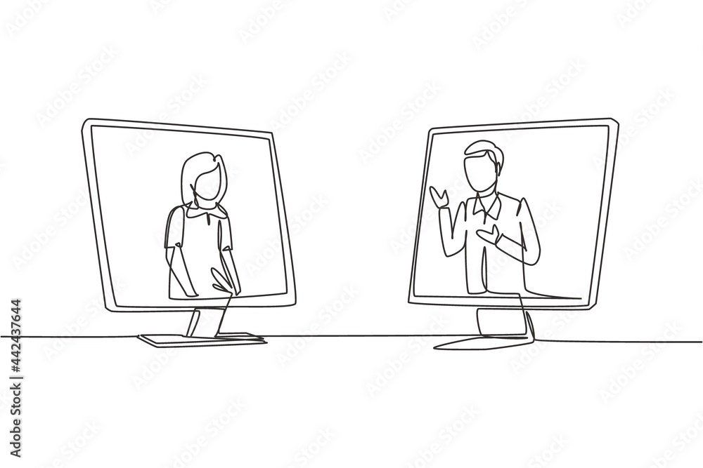 Poster continuous one line drawing two monitors are standing in front of each other, one side contains fema