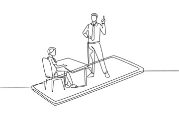 Continuous one line drawing male teacher teaching male junior high school student who sits on bench around desk and studies on smartphone. Single line draw design vector graphic illustration