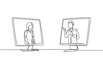 Continuous one line drawing two monitors are standing in front of each other, one side contains female junior high school student studying and the other contains male teacher teaching. Draw design