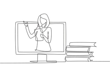 Single continuous line drawing female teacher is teaching, half of her body is out of laptop screen and beside her is pile of books. internet class. One line draw graphic design vector illustration © Simple Line