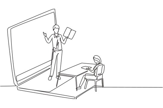 Single one line drawing male teacher standing in front of laptop screen holding book and teaching female junior high school students sitting on benches around desk. Draw design graphic illustration