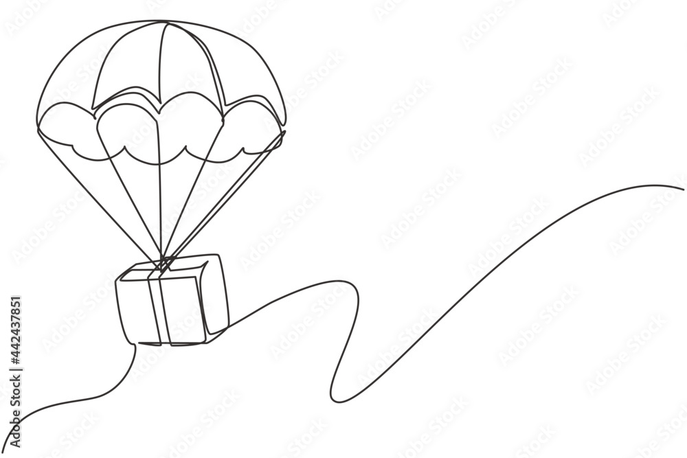 Poster single continuous line drawing box package flies through the sky using parachute. online delivery se