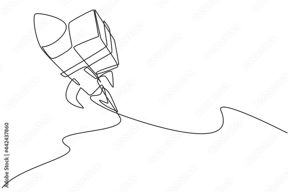 Aufkleber single continuous line drawing box package flies in the sky using rocket. e-commerce. online deliver