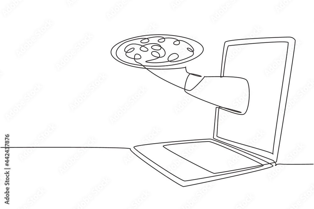 Poster continuous one line drawing hands out of laptop screen with tray open to serve pizza. e-shop. order 
