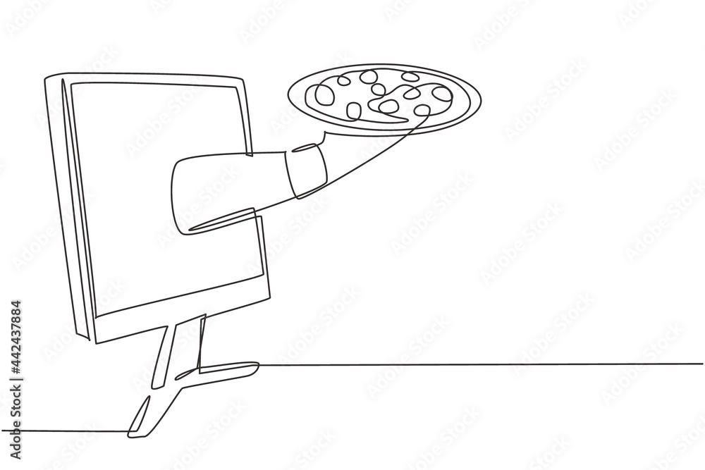 Aufkleber single one line drawing hands out of monitor screen with tray open to serve pizza. order food digita