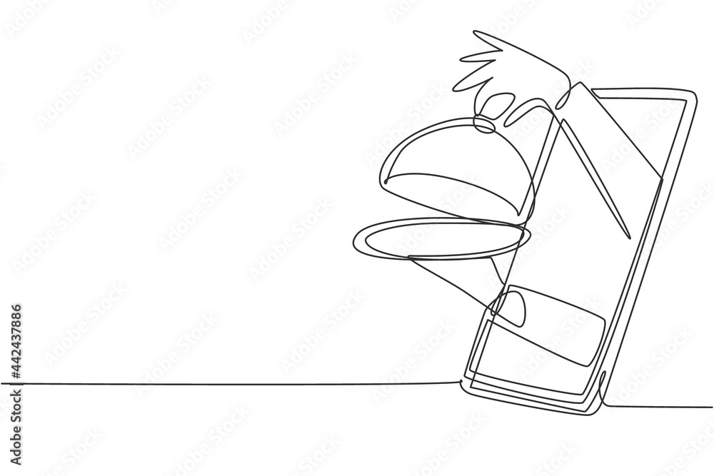 Poster single continuous line drawing hands out of smartphone screen with tray open to serve food. order fo