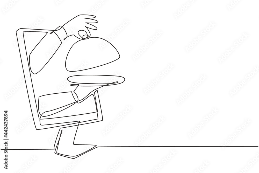 Poster single one line drawing hands out of monitor screen with tray open to serve food. order food digital