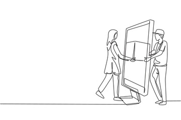 Single one line drawing male courier delivers box package, through monitor screen to hijab female customer. Online delivery service. Modern continuous line draw design graphic vector illustration