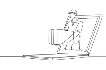 Single continuous line drawing male courier delivers box package, through laptop screen. Online delivery service. Fast delivery parcel concept. Dynamic one line draw graphic design vector illustration