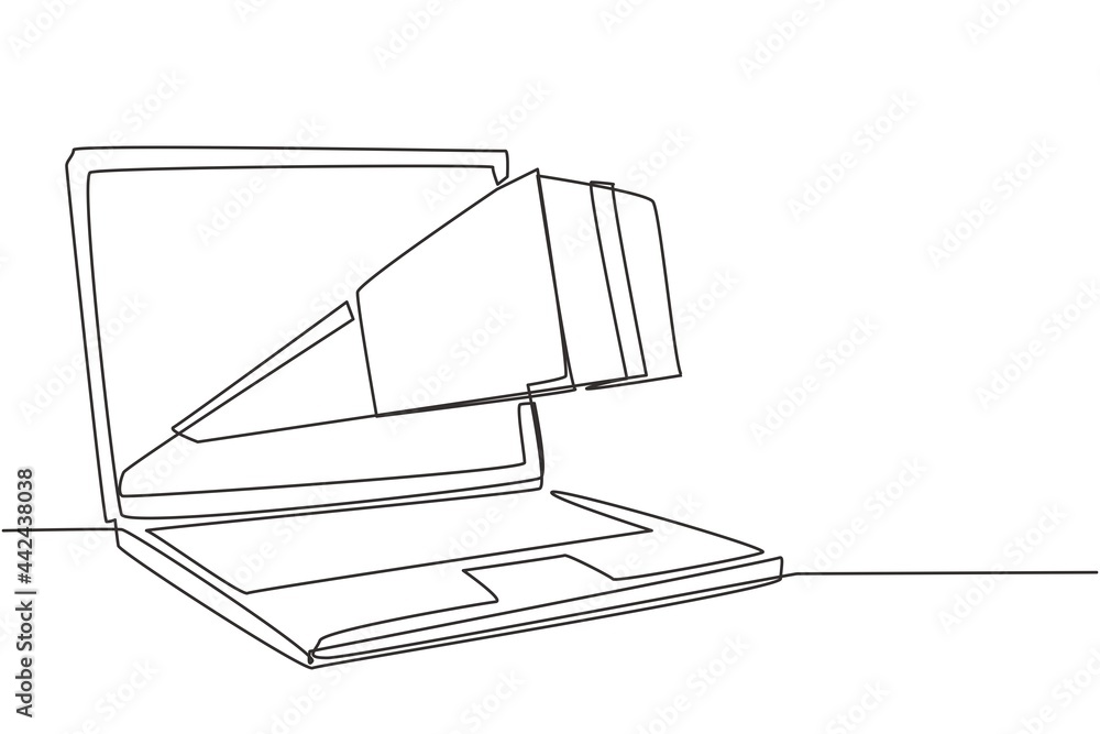 Poster continuous one line drawing package box out of large laptop screen. online delivery website concept.