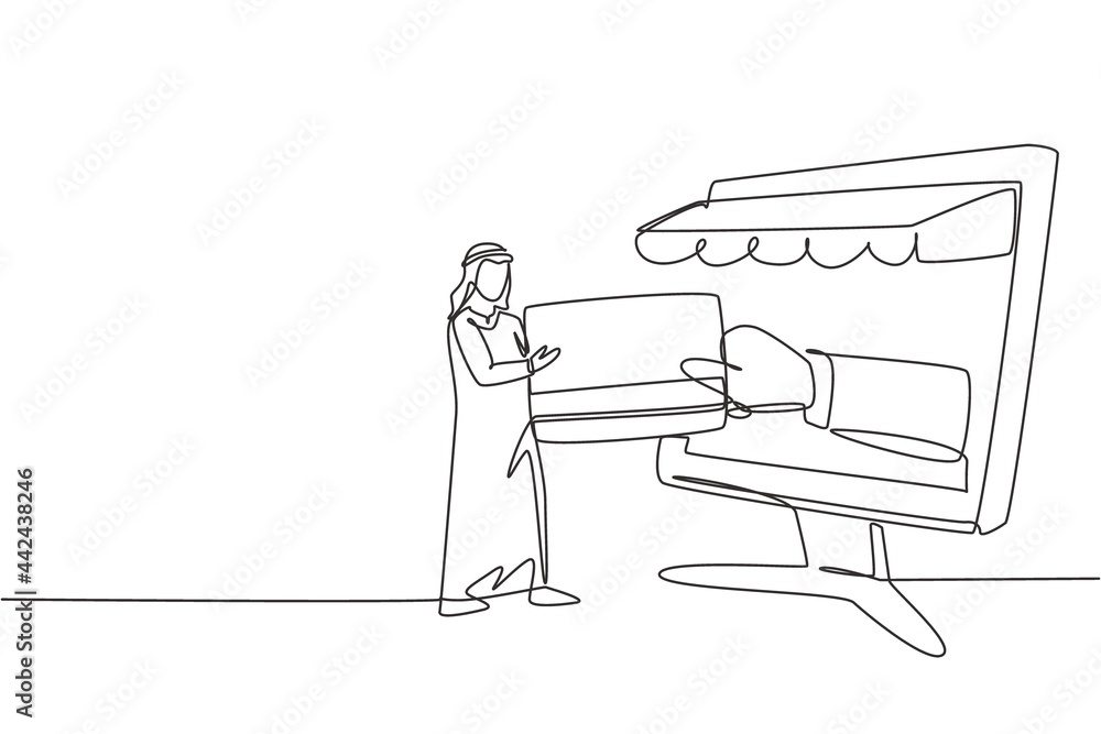 Poster single continuous line drawing young arab male inserting credit card into canopy monitor screen and 