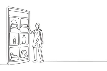 Single continuous line drawing young Arab woman choosing shopping items on a giant smartphone screen. Digital lifestyle with gadgets concept. Dynamic one line draw graphic design vector illustration