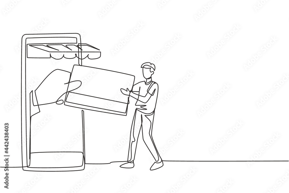 Poster single continuous line drawing young man inserting credit card into canopy smartphone screen and acc