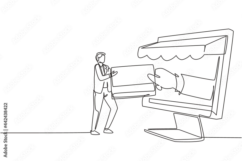 Poster single continuous line drawing young man inserting credit card into large canopy monitor screen and 