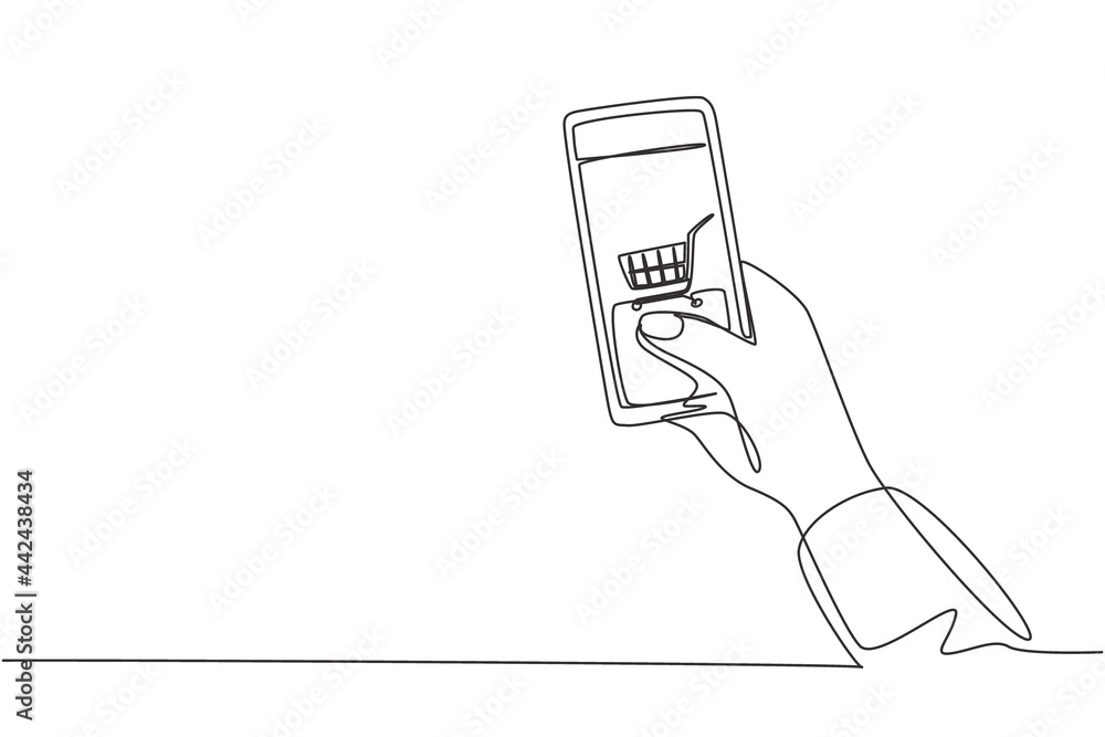 Poster single one line drawing hands holding smartphone with shopping cart image and touching screen. digit