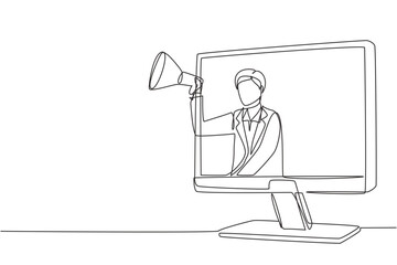 Single continuous line drawing young man coming out of monitor screen holding megaphone. Offering product with discounts or sale. Marketing concept. One line draw graphic design vector illustration