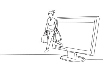 Single continuous line drawing young woman coming out of monitor screen holding shopping bags. Sale, digital lifestyle and consumerism concept. Dynamic one line draw graphic design vector illustration