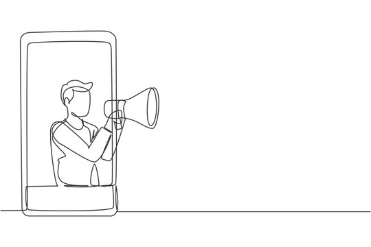 Single continuous line drawing young man coming out of smartphone screen holding megaphone. Offering product with discounts or sale concept. Dynamic one line draw graphic design vector illustration