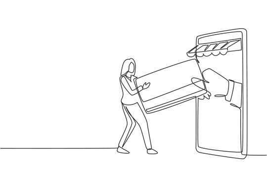 recommend clip art: Continuous one line drawing young female inserting credit card into canopy smartphone screen and accepted by hand. Digital payment concept. Single line draw design vector graphic illustration