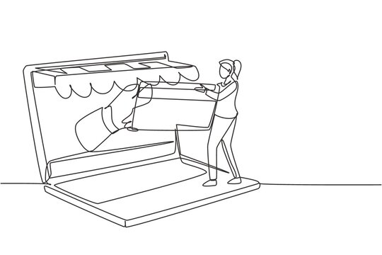 recommend clip art: Single one line drawing young woman inserting credit card into large canopy laptop screen and accepted by hand. Digital payment concept. Modern continuous line draw design graphic vector illustration