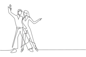 Single one line drawing man and woman professional dancer couple dancing tango, waltz dances on dancing contest dancefloor. Night party. Modern continuous line draw design graphic vector illustration
