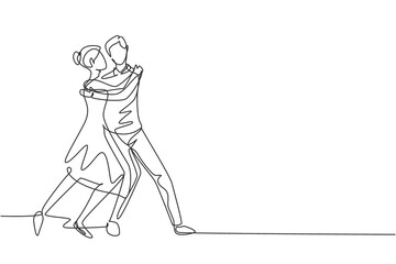 Single continuous line drawing man and woman performing dance at school, studio, party.  Male and female characters dancing tango at Milonga. Dynamic one line draw graphic design vector illustration