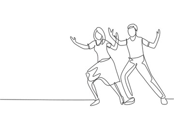 Fototapeta na wymiar Single continuous line drawing people dancing salsa. Couples, man and woman in dance. Pairs of dancers with waltz tango and salsa styles moves. Dynamic one line draw graphic design vector illustration