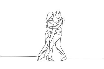 Continuous one line drawing happy people dancing salsa. Couples, man and woman in dance. Pairs of dancers with waltz tango and salsa styles moves. Single line draw design vector graphic illustration