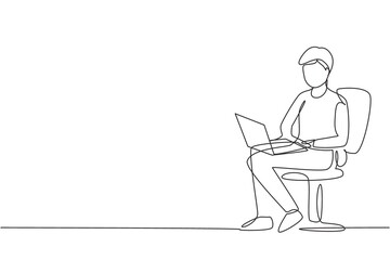 Fototapeta na wymiar Single one line drawing young guy with laptop sitting on the chair. Freelance, distance learning, online courses, and studying concept. Modern continuous line draw design graphic vector illustration