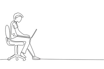 Single continuous line drawing young man with laptop sitting on the chair. Freelance, distance learning, online courses, and studying concept. Dynamic one line draw graphic design vector illustration