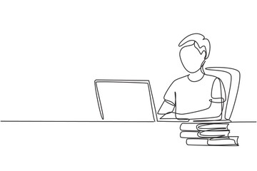 Fototapeta na wymiar Single one line drawing young man studying with laptop and pile of books. Back to school, intelligent student, online education concept. Modern continuous line draw design graphic vector illustration