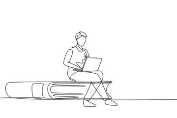 Single continuous line drawing young man studying with laptop and sitting on big book. Back to school, intelligent student, online education concept. One line draw graphic design vector illustration