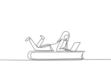 Single one line drawing young female with laptop laying down on big book. Freelance, distance learning, online courses, studying concept. Modern continuous line draw design graphic vector illustration
