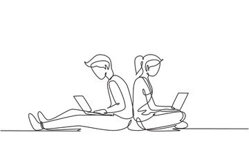 Fototapeta na wymiar Continuous one line drawing couple with laptop sitting and lean on each other. Freelance, distance learning, online courses, and studying concept. Single line draw design vector graphic illustration