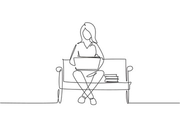 Continuous one line drawing young girl with laptop sitting on the park bench. Freelance, distance learning, online courses, and studying concept. Single line draw design vector graphic illustration